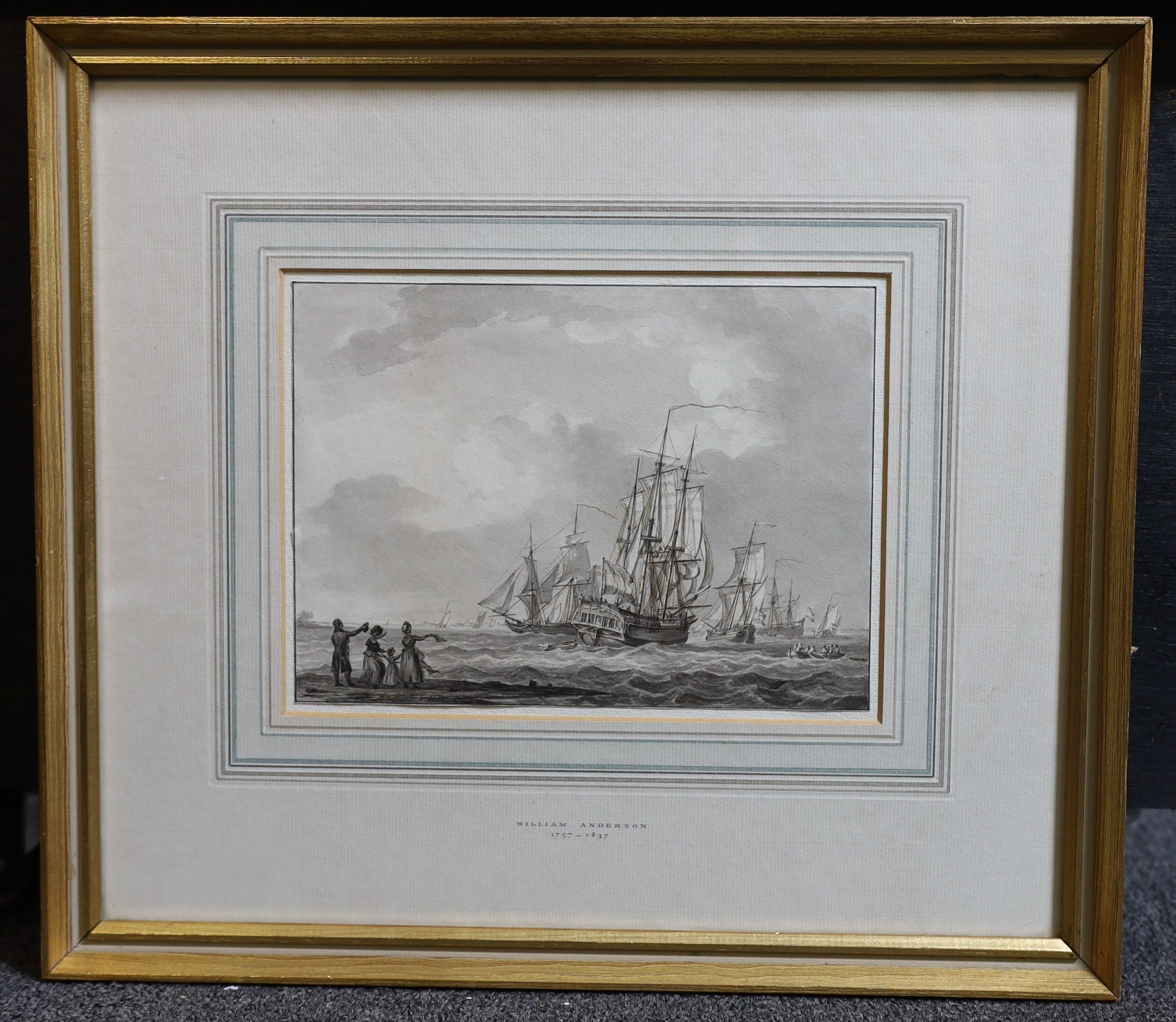 William Anderson (1757-1837), Shipping leaving harbour, figures on the shore waving farewell, ink and watercolour en grisaille, 15.5 x 21.5cm